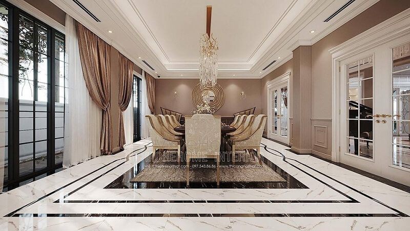Thiết kế nội thất phòng ăn biệt thự đẳng cấp với bộ bàn ăn cao cấp màu vàng kim cuốn hút mọi ánh nhìn