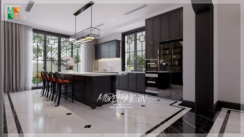 Bàn đảo bếp mặt đá không chỉ mang tới giá trị thẩm mỹ mà còn đóng vai trò như 1 chiếc bàn ăn tiện lợi.