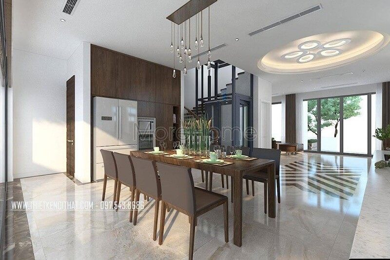 Thiết kế phòng ăn biệt thự sang trọng với bộ bàn ăn 8 ghế gỗ tự nhiện đẹp tạo điểm nhấn nổi bật cho không gian